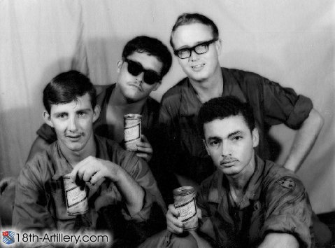 Luis Vega with fellow Soldiers in Vietnam, having a Miller Beer before a battle - ChuLai 1970